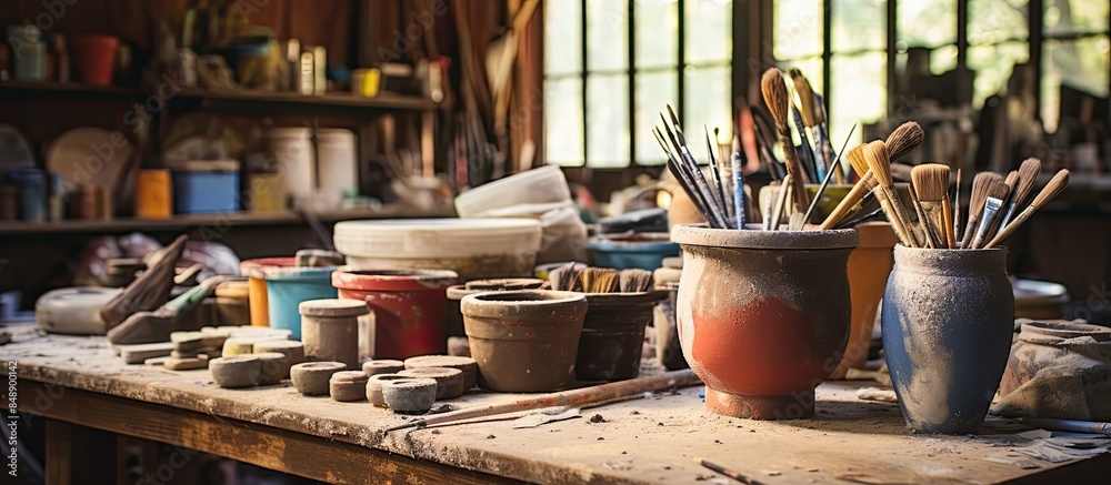Professional workshop setup with a variety of pottery sculpting tools in a metal container on a wooden table clay in view with space for additional images Professional workshop setup with a variety of pottery sculpting tools in a metal container on a wooden table clay in view with space for additional images