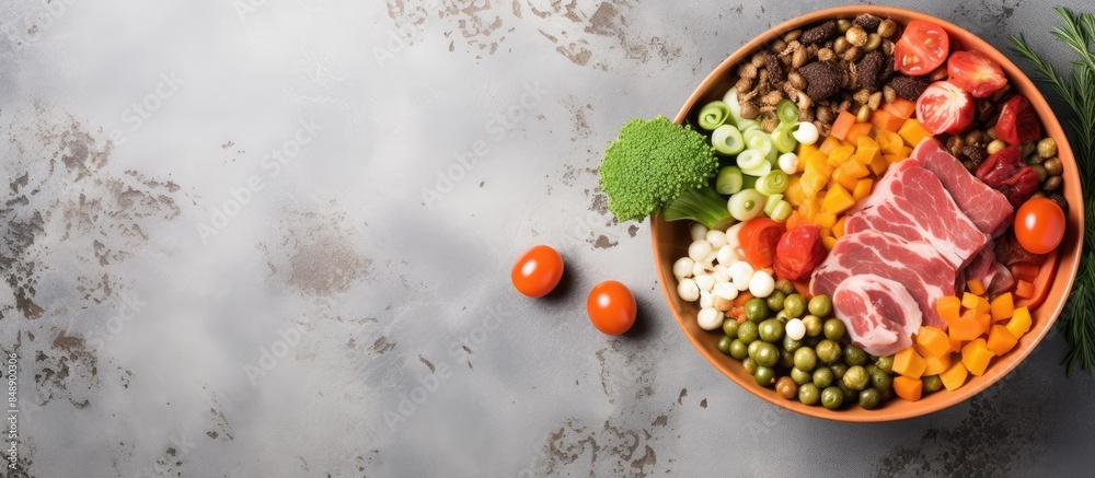 Top view mock up of a plastic bowl containing dry organic pet food with fresh vegetables eggs and meat for dogs set on a stone background with ample copy space image Top view mock up of a plastic bowl containing dry organic pet food with fresh vegetables eggs and meat for dogs set on a stone background with ample copy space image