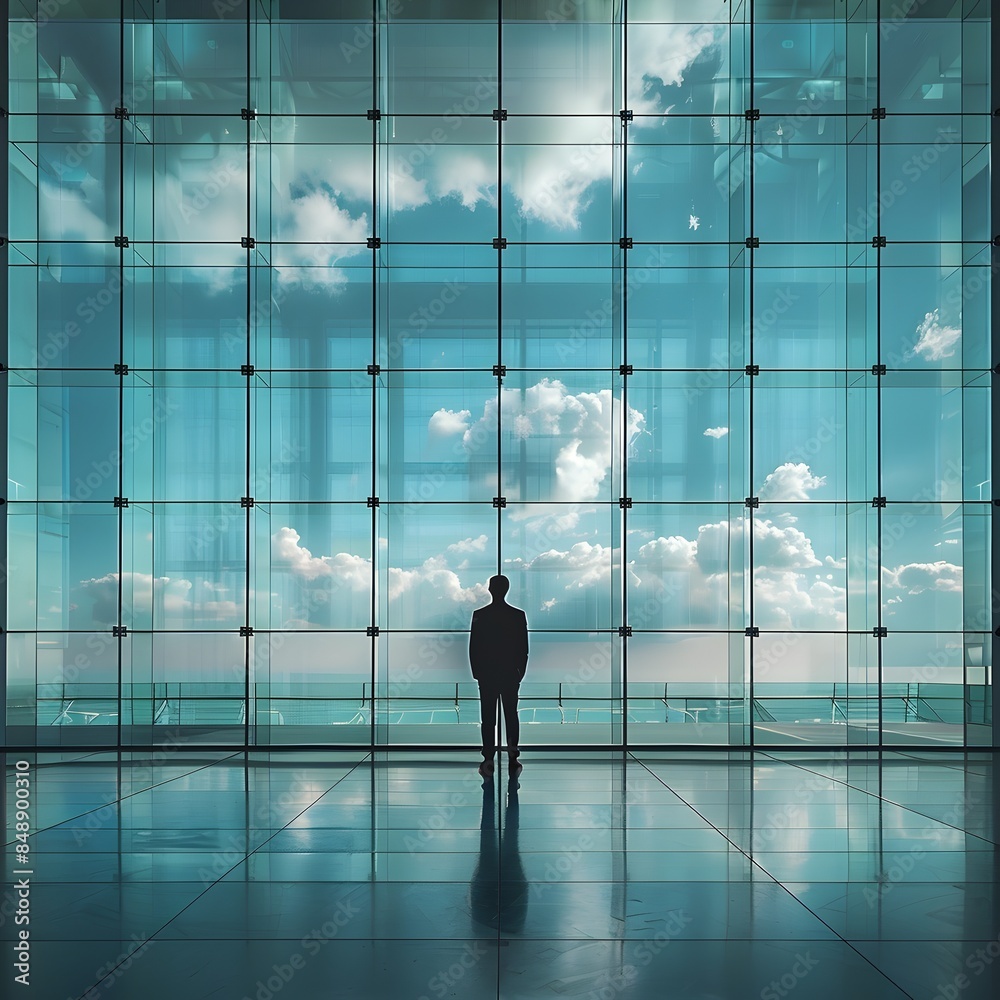 Futuristic Business Executive Reviewing Project Plans in Modern Office Building Futuristic Business Executive Reviewing Project Plans in Modern Office Building