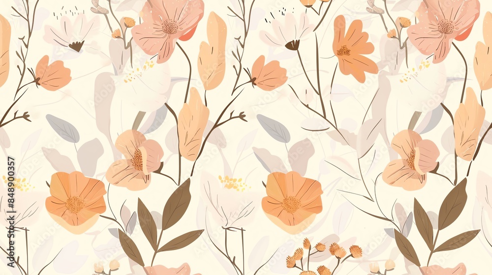 Fototapeta premium Elegant hand-drawn flora in soft pastel light pink, cream, and brown, seamless pattern design