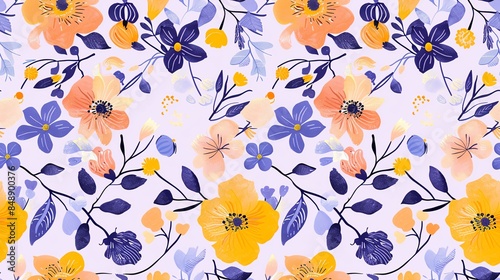 Elegant hand-drawn flora in soft pastel purple, yellow, blue, and orange, seamless pattern design