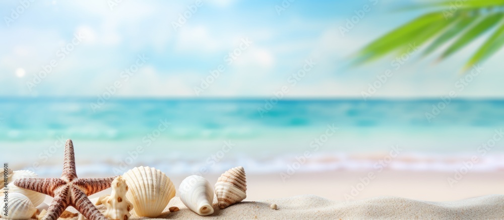 Scenic tropical beach with shells a palm tree and a colorful background ideal for a copy space image Scenic tropical beach with shells a palm tree and a colorful background ideal for a copy space image