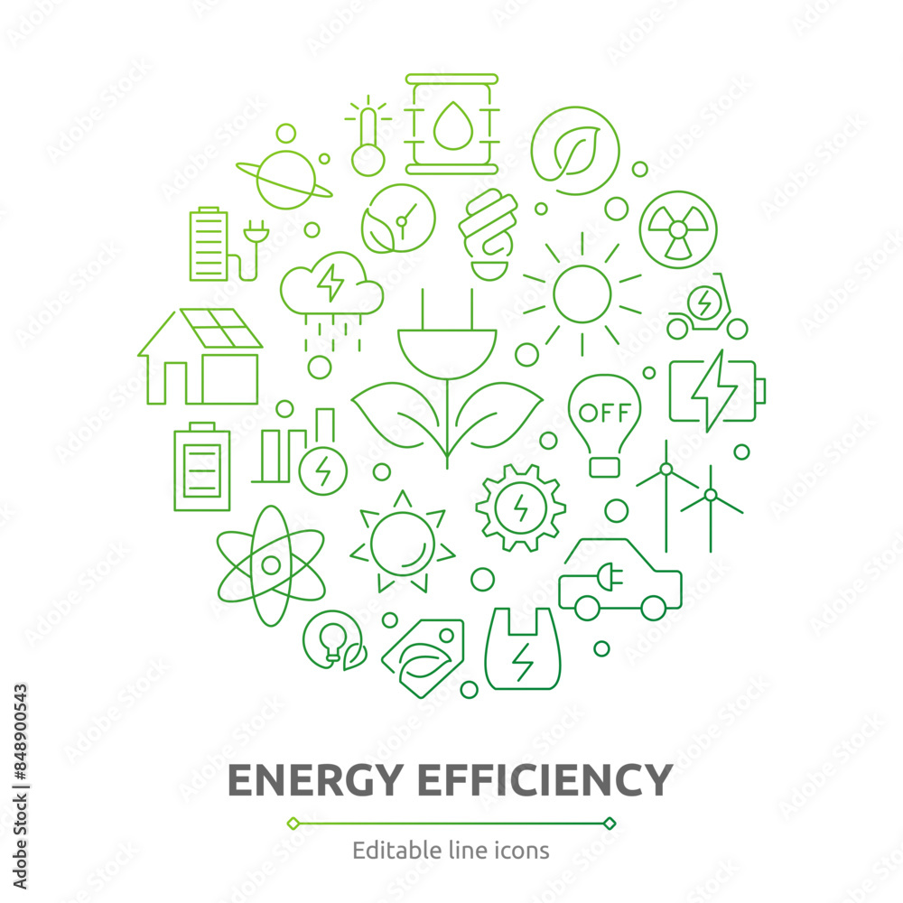 Energy efficiency icons. Energy, electrical energy, electricity. UI icons collection. Energy-saving light bulb, piggy bank, solar panel, battery, home insulation, energy outline icon set collection