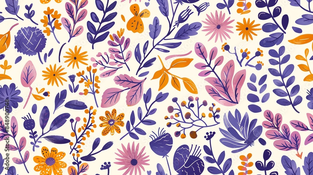 Seamless pastel pattern featuring hand-drawn flora in light pink, cream, and brown shades