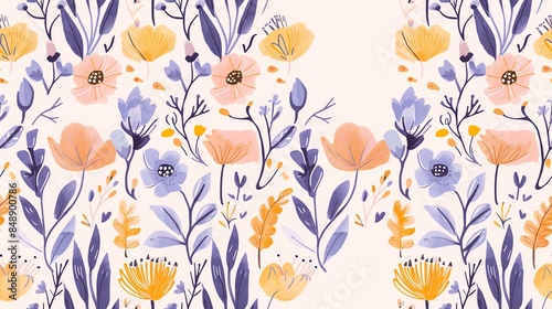 Seamless pastel pattern featuring hand-drawn flora in light pink, cream, and brown shades