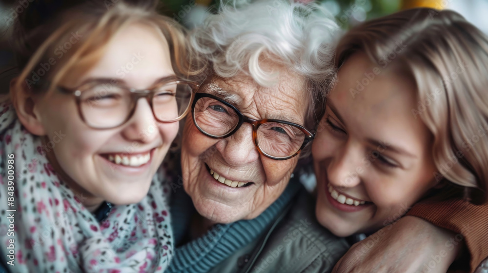 An elderly woman beams with warmth and joy between two smiling young women, symbolizing multi-generational love and connection. An elderly woman beams with warmth and joy between two smiling young women, symbolizing multi-generational love and connection.