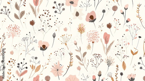 Seamless pastel pattern featuring hand-drawn flora in light pink, cream, and brown shades