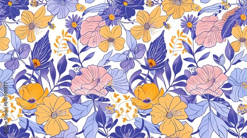 Seamless pastel pattern featuring hand-drawn flora in light pink, cream, and brown shades