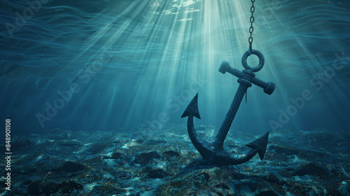 A sunken anchor lies on the ocean floor, surrounded by rocks and bathed in dappled sunlight, creating a hauntingly beautiful underwater scene.