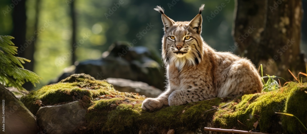 Lynx sitting in Pyrenees forest background with copy space image relates to wildlife conservation Lynx sitting in Pyrenees forest background with copy space image relates to wildlife conservation