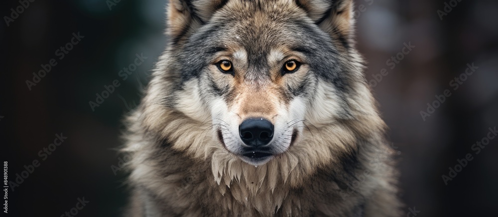 Obraz premium Wildlife conservation concept portrayed in a captivating image of a gray wolf with a mesmerizing gaze and copy space image included