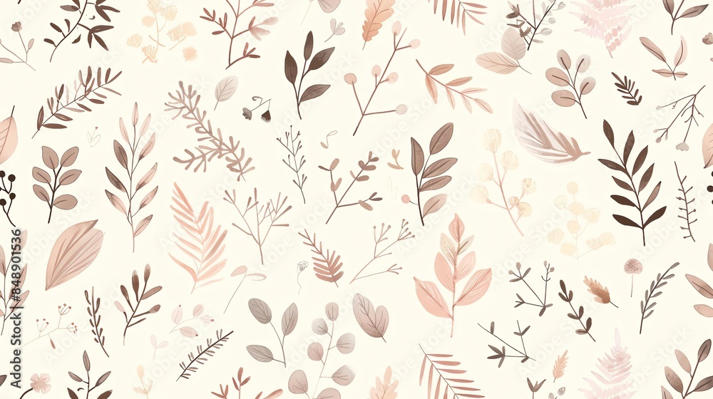 Soft pastel light pink, cream, and brown flora, hand-drawn seamless pattern design Soft pastel light pink, cream, and brown flora, hand-drawn seamless pattern design