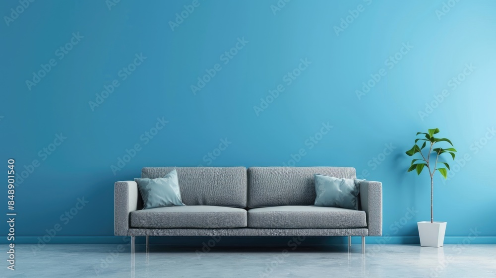 Fototapeta premium Cozy gray sofa facing blue wall