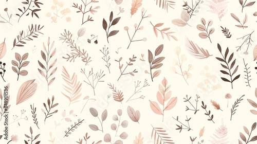 Soft pastel light pink, cream, and brown flora, hand-drawn seamless pattern design