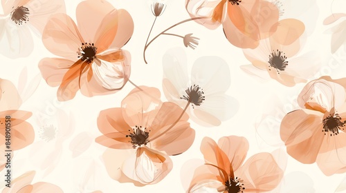 Soft pastel light pink, cream, and brown flora, hand-drawn seamless pattern design