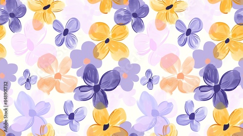 Soft pastel purple, yellow, blue, and orange flora, hand-drawn seamless pattern design