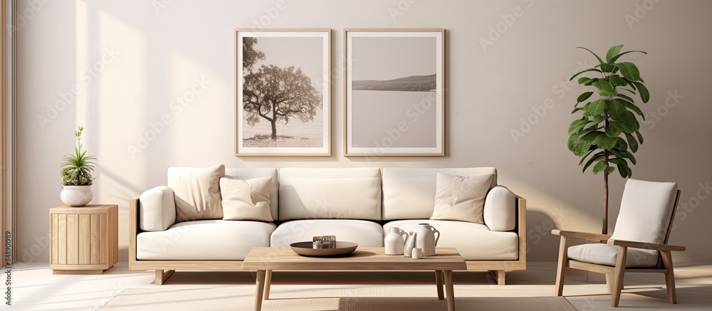 Living room interior with a mock up poster frame beige sofa and various decorations perfect for showcasing home decor in a copy space image Living room interior with a mock up poster frame beige sofa and various decorations perfect for showcasing home decor in a copy space image