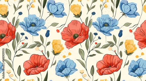 Soft pastel red, blue, and yellow floral design, hand-drawn seamless pattern