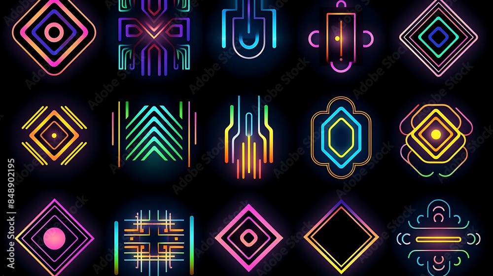 a colorful array of neon signs and symbols, including a yellow diamond, arranged in a row from left to right a colorful array of neon signs and symbols, including a yellow diamond, arranged in a row from left to right
