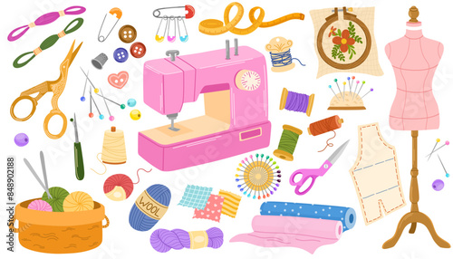 Sewing and embroidery collection. Sewing machine, threads and needles for needlework. Vector illustrations of sewing tools, equipment and accessories