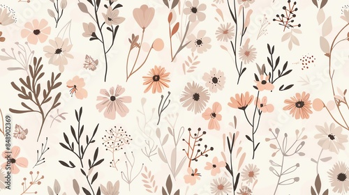 Whimsical hand-drawn flora in seamless pattern, pastel light pink, cream, and brown colors