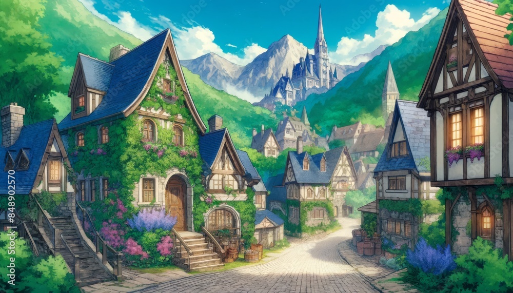 A whimsical village in lush valley, featuring charming cottages with ivy walls and cobblestone streets. A whimsical village in lush valley, featuring charming cottages with ivy walls and cobblestone streets.