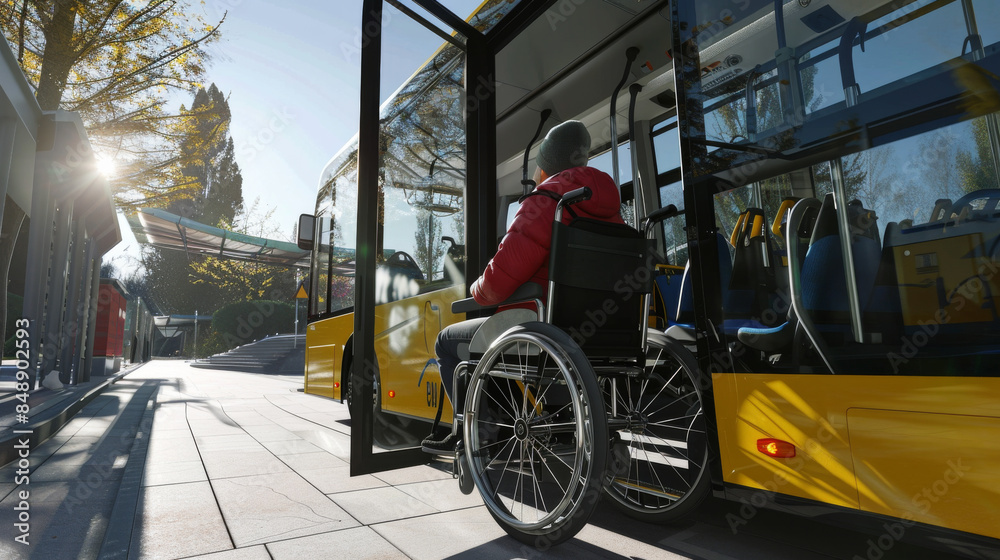 Obraz premium A person in a wheelchair boarding a modern, accessible bus on a sunny day, showcasing inclusivity and mobility.