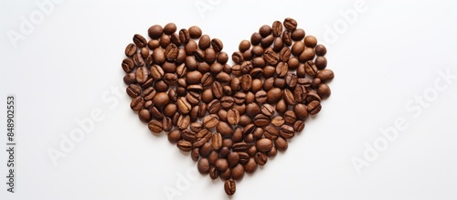 Heart shaped arrangement of roasted aromatic coffee beans on a white background ideal for a love coffee logo concept in a studio macro photography copy space image