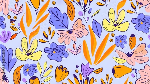 Whimsical hand-drawn flora in seamless pattern, pastel light pink, cream, and brown colors