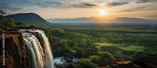 Scenic waterfall surrounded by striking sky located in the Sahyadri range of Maharashtra with a captivating view in the copy space image photo