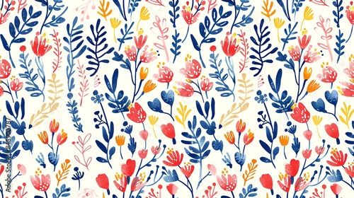 Whimsical seamless pattern of hand-drawn flora in pastel light pink, cream, and brown colors