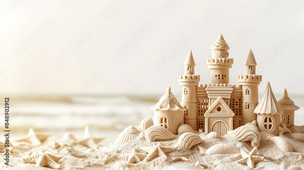 A sandcastle stands tall on a sandy beach with the ocean and sky as backdrop, lit by the sunset glow A sandcastle stands tall on a sandy beach with the ocean and sky as backdrop, lit by the sunset glow