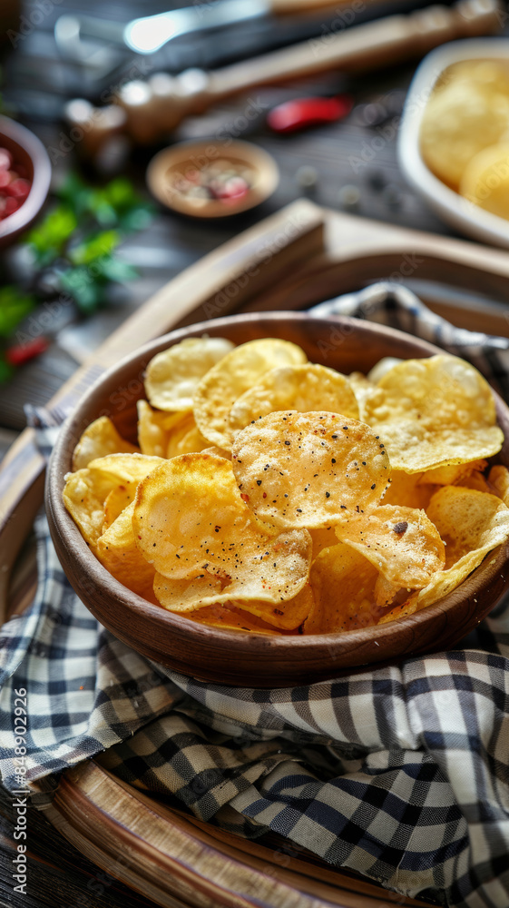 Top View Potato Chips on Wooden Tray Top View Potato Chips on Wooden Tray