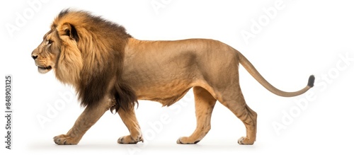 A majestic 10 year old Lion Panthera Leo strolling seen from the side on a white background with copy space image