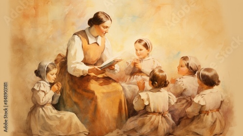 St. Mary MacKillop Teaching Children in 19th-Century Australia, Biblical Illustration, Beige Background, Copyspace , Biblical Illustration,Christian banner