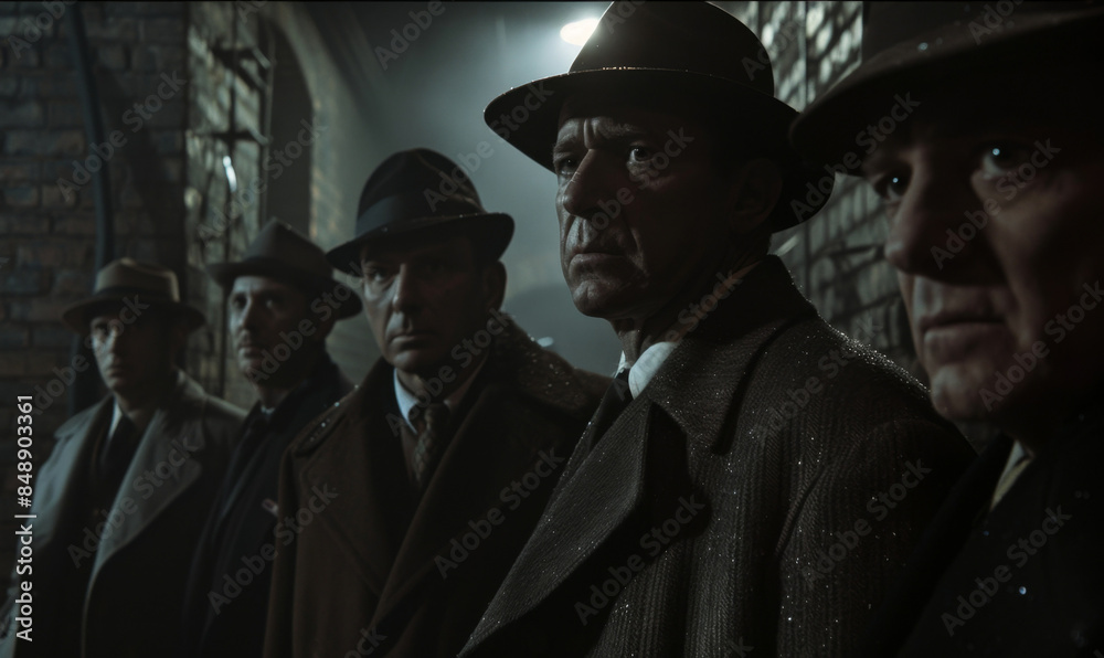 Obraz premium A group of gangsters are standing and looking at the camera on a night street. Mafia, family, group of criminals