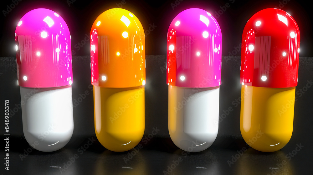 Four colorful pills standing on a reflective surface are glowing Four colorful pills standing on a reflective surface are glowing
