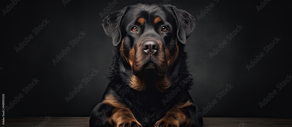 Obraz premium Portrait of a Rottweiler in a dark photography studio with copy space image