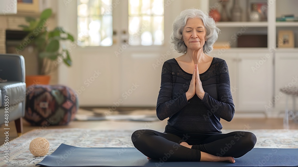 Tranquil Woman Practicing Yoga with Closed Eyes on Mat in Cozy Living Room with Plant - Relaxation and Mindfulness Concept Tranquil Woman Practicing Yoga with Closed Eyes on Mat in Cozy Living Room with Plant - Relaxation and Mindfulness Concept