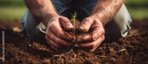 Close up of a farmer s hands holding soil in a field checking quality before sowing wheat Displays agriculture gardening or ecology concept with copy space image photo