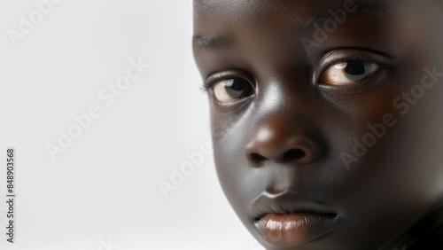 7 years old black male, sad or blank or serious expression, copy space