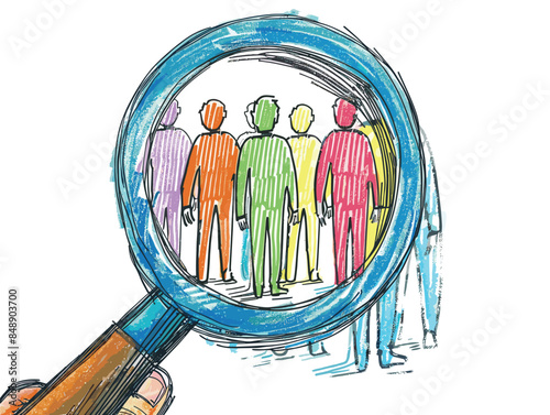 isolate white background, A magnifying glass focusing on the best candidate, highlighting their strengths., drawing in color pencil art and copy space, very simple and isolate in the style of animated