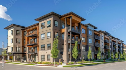 Modern brown apartment buildings in a housing development area