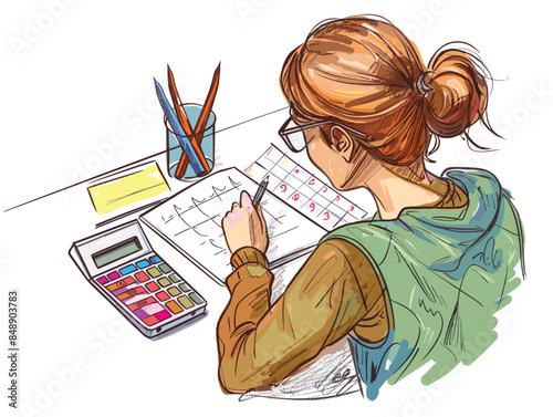 isolate white background, A person with a calculator, crunching numbers for investment analysis., drawing in color pencil art and copy space, very simple and isolate in the style of animated 