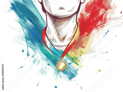 isolate white background, A medal around the neck of the best candidate, symbolizing their achievement., drawing in color pencil art and copy space, very simple and isolate in the style of animated 