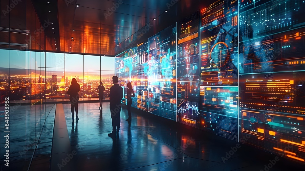 Fototapeta premium Modern Office with Interactive Digital Walls and Collaborative Technology for Business Communication and Networking