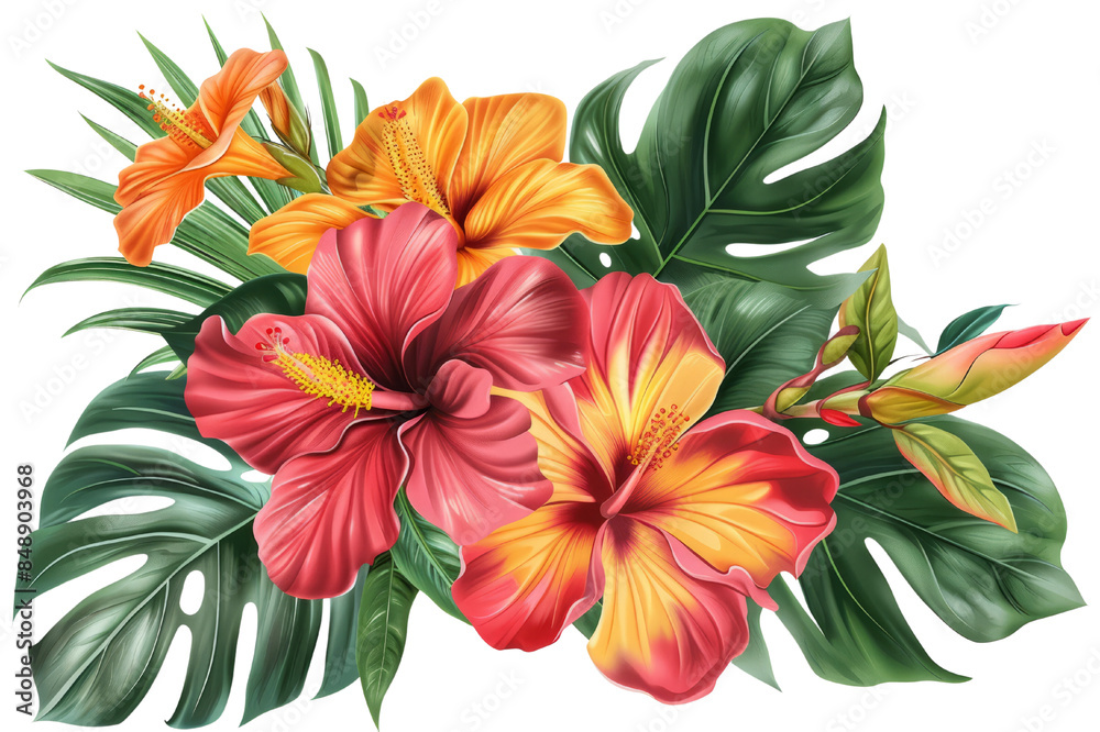 Obraz premium Beautiful tropical flowers and green leaves illustration. Vibrant hibiscus with lush foliage. Perfect for floral design and exotic decoration.