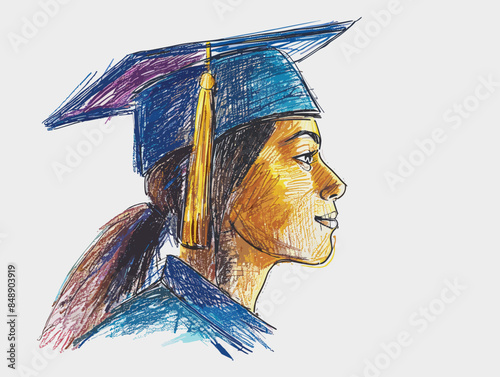 isolate white background, A person with a graduation cap, indicating education and expertise, drawing in color pencil art and copy space, very simple and isolate in the style of animated illustrations