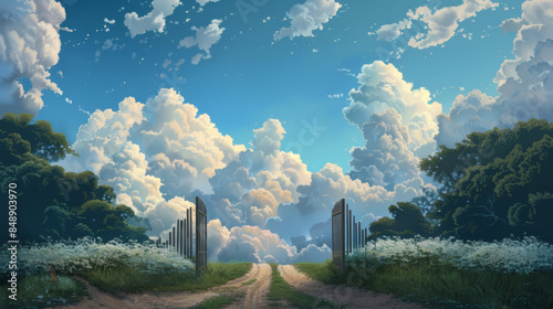 A picturesque scene of a dirt path leading through an open gate under a vibrant, cloud-filled sky, surrounded by lush greenery.