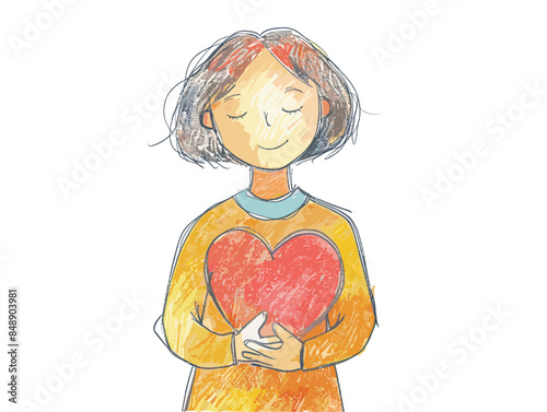 isolate white background, A person with a heart, symbolizing empathy and compassion, drawing in color pencil art and copy space, very simple and isolate in the style of animated illustrations, white b